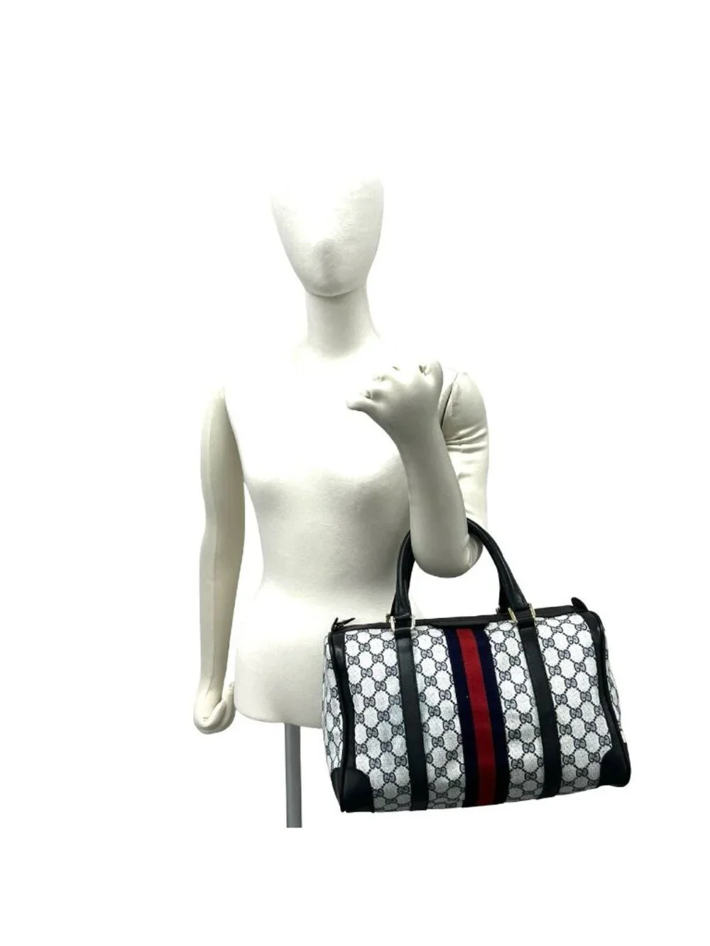 Gucci Vintage Sherry Line GG Pattern Leather Mini Boston Bag Navy